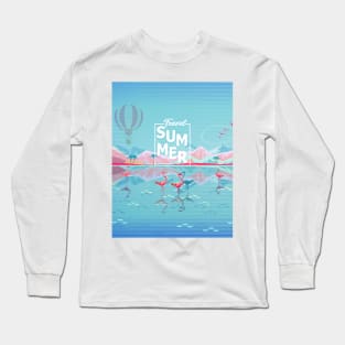 Hello Summer Flamingo Tropical Sea Beach and Rocky Mountains Long Sleeve T-Shirt